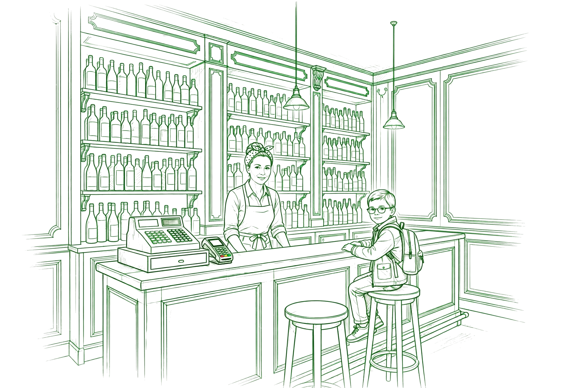 Illustration d'un commerce indépendant — commerçante derrière son comptoir avec caisse et TPE